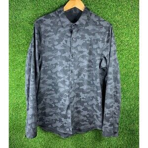 Lululemon Mens Down To The Wire Shirt Medium Camo Black Grey Long Sleeve Button